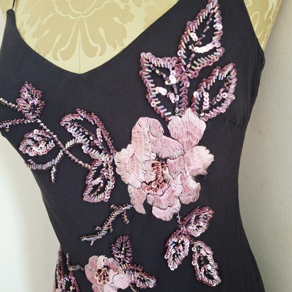 Sue Wong Nocturne Midi Dress Y2K Fairycore Black Silk Floral Embroidered Beads 6 - Picture 2 of 12